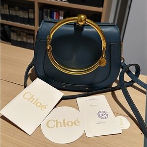 Blue Leather Handbag with Gold Accents